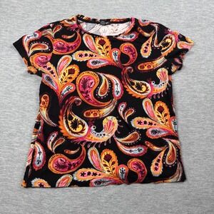 By Design Shirt Women Small Black Multicolor Paisley Short Sleeve Cotton T shrit